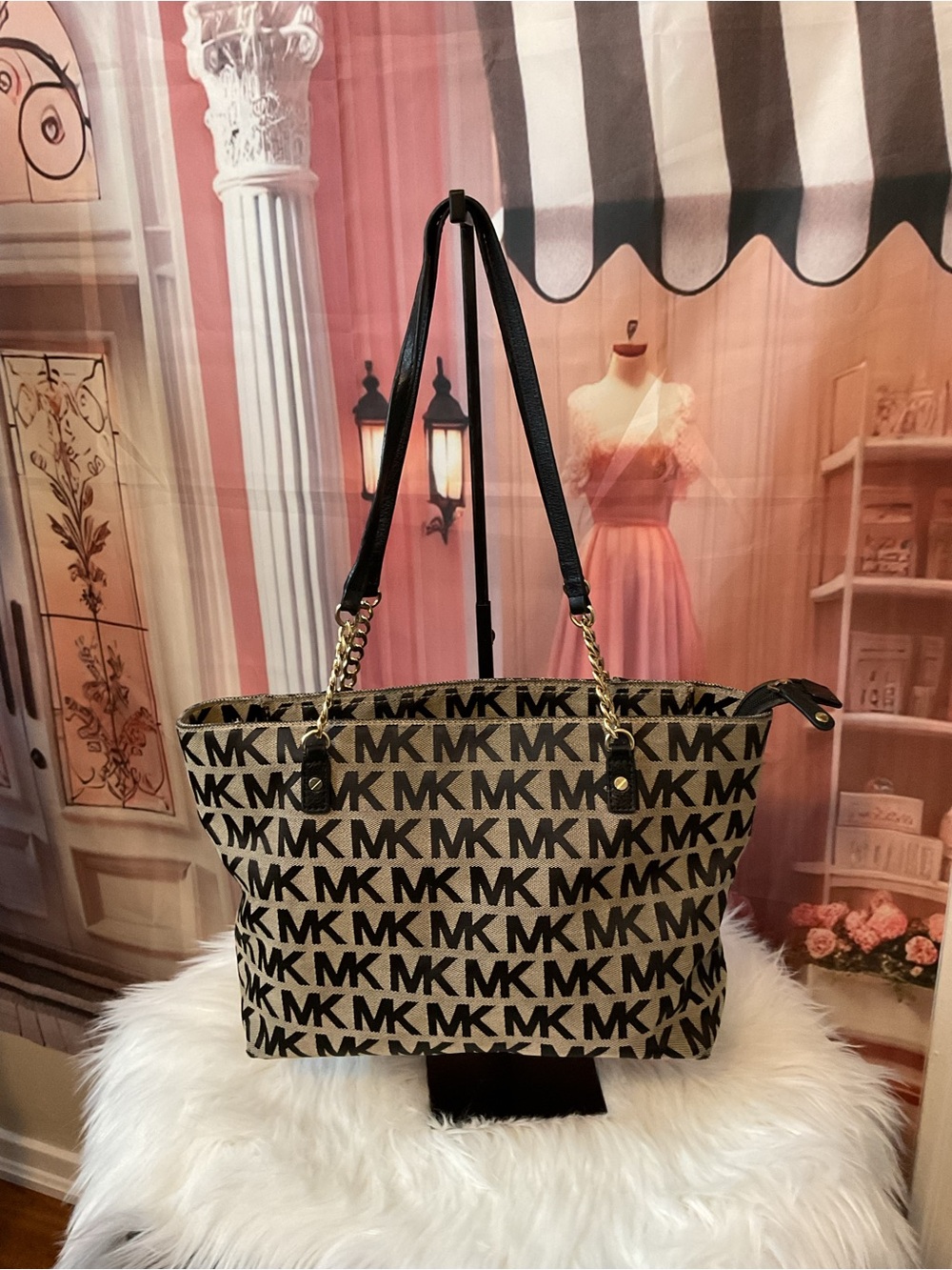 Michael Kors Tan & Black MK Logo Tote with Gold Accents